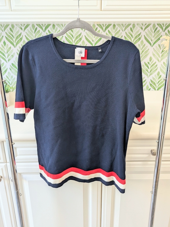 CAbi Sweaters - Cabi Navy Short Sleeve Sweater with Red & White Stripes Hampton Shell XL